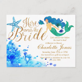 Cartão Postal De Convite Aquarela azul de sereia doce submarina com texto d