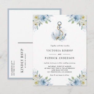 Cartão Postal De Convite Aquarela Azul Floral Âncora Casamento Náutico