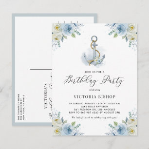 Cartão Postal De Convite Aquarela Azul Floral Âncora Náutica Aniversário