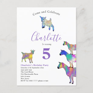 Cartão Postal De Convite Aquarela de cabra Festa de aniversário de meninas 