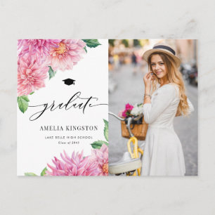 Cartão Postal De Convite Aquarela Foto Floral de Dália Rosa de Formatura