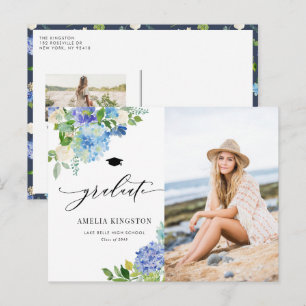 Cartão Postal De Convite Aquarela Foto Floral de Hortênsia Azul Graduação