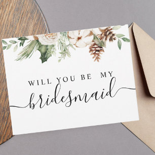 Cartão Postal De Convite Aquarela Palha Verde de inverno Flores Brancas