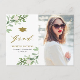 Cartão Postal De Convite Aquarela Verde Flores Brancas Graduação