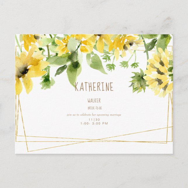 Cartão Postal De Convite Aquarelas Chá de panela Girassol  Invi (Frente)