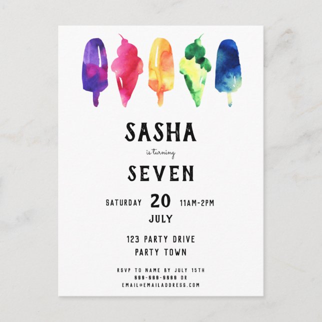 Cartão Postal De Convite Arco-Íris Aquarela Picolé Sorvete Aniversário (Frente)
