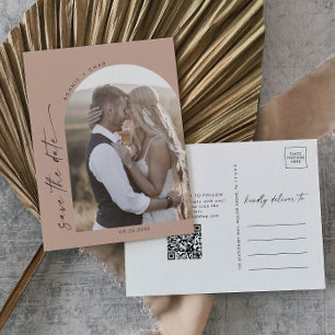 Cartão Postal De Convite Arco Moderno   Salmão QR Code Foto Salvar Data