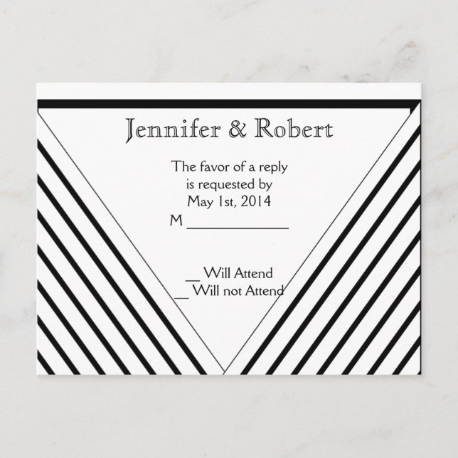 Cartão Postal De Convite Art Deco Black and White Stripe RSVP Postacard (Frente)