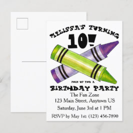 Cartão Postal De Convite Artista de Crayons Roxo Verde Festa de Aniversário