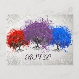 Cartão Postal De Convite Árvore Coração Roxo Cartão de Resposta de Monogram
