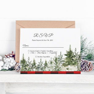 Cartão Postal De Convite Árvore verde de pinheiro de aquarela e Xadrez verm