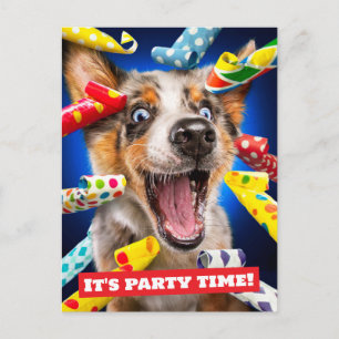 Cartão Postal De Convite Assopradores de Festa de Cachorro Feliz