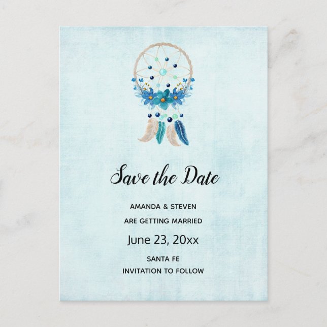 Cartão Postal De Convite Atrativo Blue Dreamcatcher Boho Save the Date (Frente)