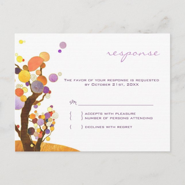 Cartão Postal De Convite Autumn Love Trees Purple Wedding RSVP (Frente)