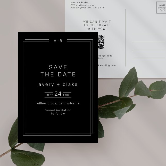 Cartão Postal De Convite AVERY Modern Dark Black Wedding Salvar Data (AVERY Modern Dark Black Wedding Save the Date Invitation Postcard)
