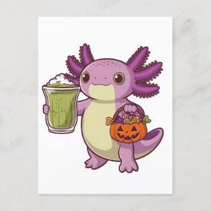 Cartão Postal De Convite Axolotl Holding Halloween Basket e Matcha
