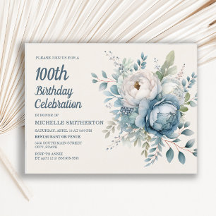 Cartão Postal De Convite Azul Branco Vintage Floral Aniversário de 100 anos