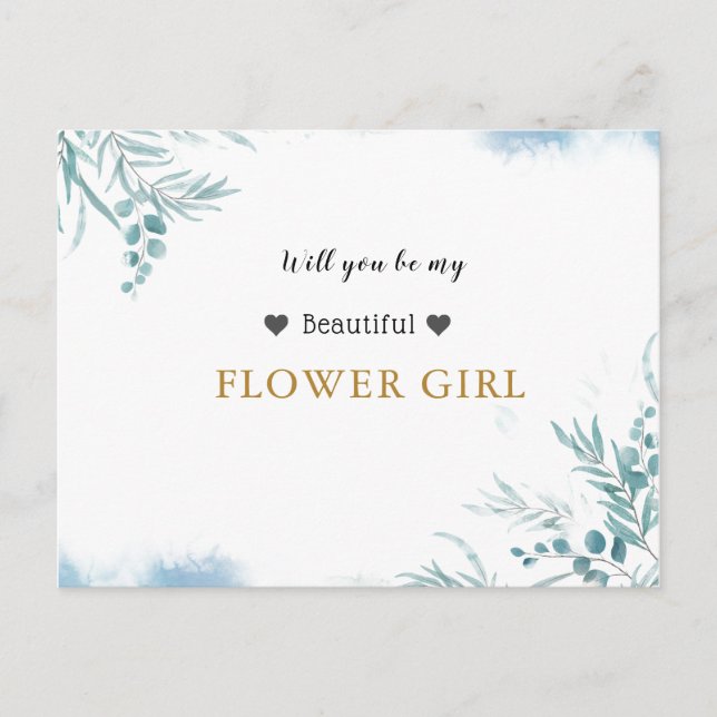 Cartão Postal De Convite Azul Empoeirado Folhas de Eucalipto Menina das Flo (Frente)