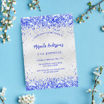 Cartão Postal De Convite Azul real prateado de aniversário<br><div class="desc">Para uma elegante festa de aniversário 18 (ou qualquer idade). Um fundo de olhar mal prateado. Decorado com confete azul real. Personalize e adicione um nome e detalhes da parte. O nome é escrito com um script de estilo manuscrito. Fundo: falso prata olhando fundo.</div>
