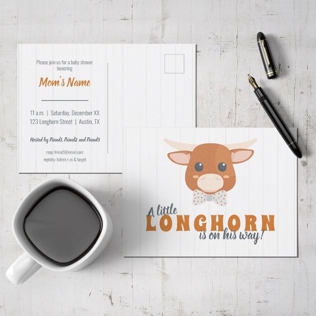 Cartão Postal De Convite Baby Boy Longhorn Queimou Chá de fraldas Laranja (Criador carregado)