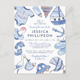 Cartão Postal De Convite Baby Boy Sailor | Chá de fraldas Náutico Azul-Cint