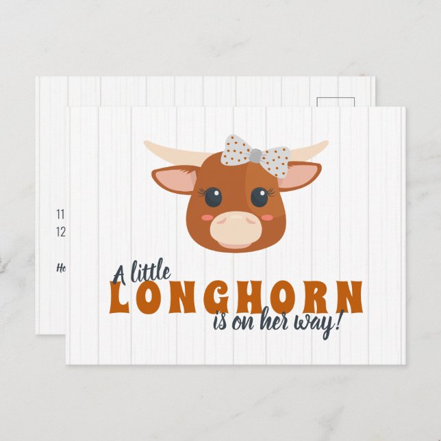 Cartão Postal De Convite Baby Girl Longhorn Burnt Orange Chá de fraldas (Frente/Verso)