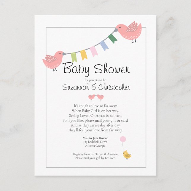 Cartão Postal De Convite Baby Shower By Mail Girl Pink Birds (Frente)