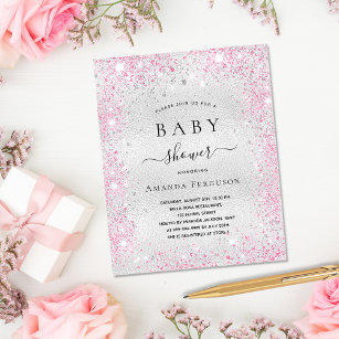Cartão Postal De Convite Baby shower silver glitter dust pink girl 