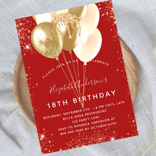 Cartão Postal De Convite Balões de ouro vermelho-festa de aniversário