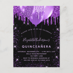 Cartão Postal De Convite Balões de pó preto-roxo de quinceanera