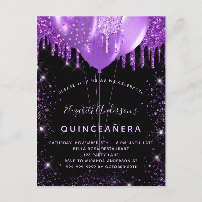 Cartão Postal De Convite Balões de pó preto-roxo de quinceanera (Frente)