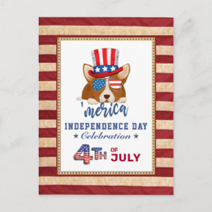 Cartão Postal De Convite Bandeira Americana Patriótica Corgi 4º Partido JUL