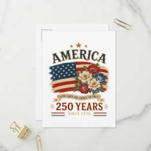 Cartão Postal De Convite Bandeira Floral Patriótica América 250 Anos Desde
