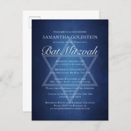 Cartão Postal De Convite Bar Mitzvah Formal Tipografia Azul Branco Moderno