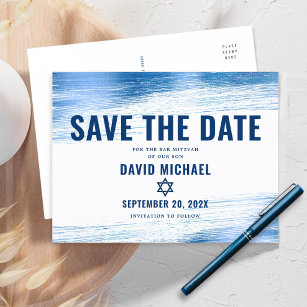 Cartão Postal De Convite Bar Mitzvah Salvar Data Marinho Tipografia Azul Fo