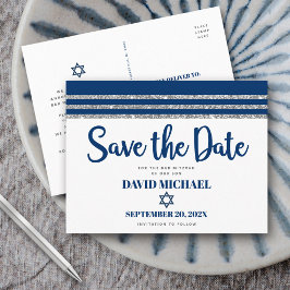 Cartão Postal De Convite Bar Mitzvah Salve a Data Tallit Azul Marinho Scrip