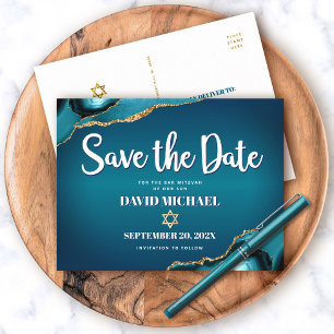 Cartão Postal De Convite Bar Mitzvah Salve a Data Teal Ombre Ágata Roscas