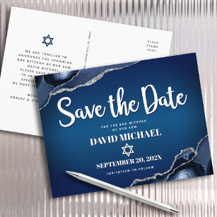 Cartão Postal De Convite Bar Mitzvah Salve o Script Agate do Marinho de Dat