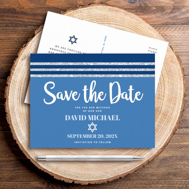 Cartão Postal De Convite Bar Mitzvah Save Date Blue Silver Tallive Script (Criador carregado)