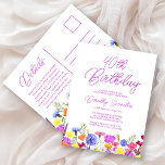 Cartão Postal De Convite Barato de Flores Selvagens de aniversário de 40 an<br><div class="desc">Uma bonito borda de flor silvestre decora o fundo deste cartão postal de convite para barato adulto. Flores roxas, azuis, amarelas e alaranjadas criam um design colorido e feliz para celebrar esse aniversário marco. A caligrafia roxa moderna e simples acrescenta um toque de tendência para mantê-la fresca. O fluxo de...</div>