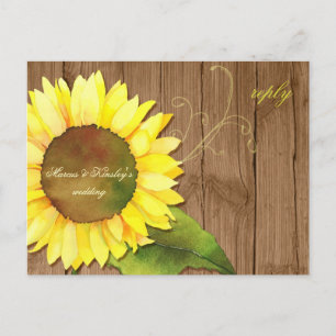 Cartão Postal De Convite Barn Wood Sunflower Casamento outono RSVP