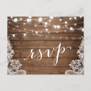 Cartão Postal De Convite Barn Wood Twinkle Lights Lace Rustic Casamento RSV