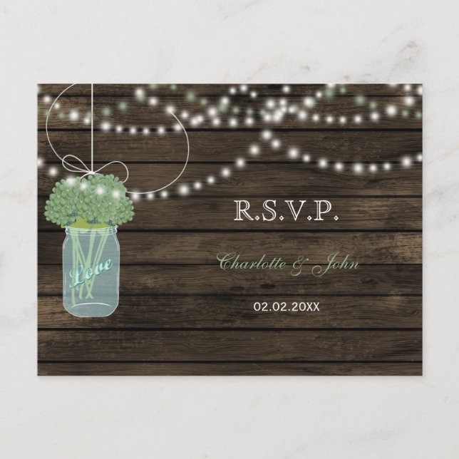 Cartão Postal De Convite Barnwood mason jars Sage casamento RSVP (Frente)