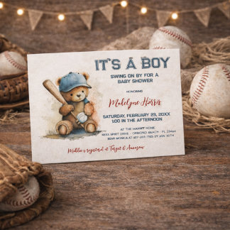 Cartão Postal De Convite Baseball Teddy Bear Watercolor Boy Baby Shower