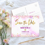 Cartão Postal De Convite Bat Mitzvah Guarda a Data Dourada em Aquarela Rosa<br><div class="desc">Certifique-se de que todos os seus amigos e parentes serão capazes de celebrar o marco da sua filha Bat Mitzvah! Enviar este incrível, moderno, faxes dourados cintilantes e pontos brilhantes e script de tipografia contra um fundo de aquarela cor rosa suave, cartão-postal personalizado de "Salvar a Data". Personalize o texto...</div>