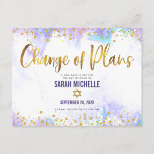 Cartão Postal De Convite Bat Mitzvah Mudança de Planos Dourada de Aquarela