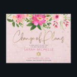 Cartão Postal De Convite Bat Mitzvah Pink Floral Watercolor Script Moderno<br><div class="desc">Certifique-se de que todos os seus amigos e parentes ainda serão capazes de celebrar o marco da sua filha Bat Mitzvah, independentemente das atuais circunstâncias imprevistas globais. Enviar este cartão postal personalizado "Mudança de Planos". Uma aquarela floral, cor-de-rosa e cor-de-pêssego, impressionante, com a tipografia de um script de folha de...</div>