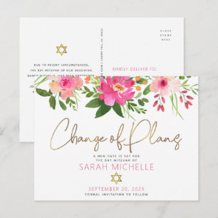 Cartão Postal De Convite Bat Mitzvah Rosa Floral Aquarela Letra Dourada