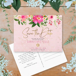 Cartão Postal De Convite Bat Mitzvah Salva a Data Cor Floral Rosa