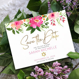 Cartão Postal De Convite Bat Mitzvah Salva a Data Script Floral Watercolor